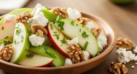 A fresh and healthy salad featuring sliced red and green apples, walnuts, crumbled cheese, and fresh herbs in a rustic wooden bowl.