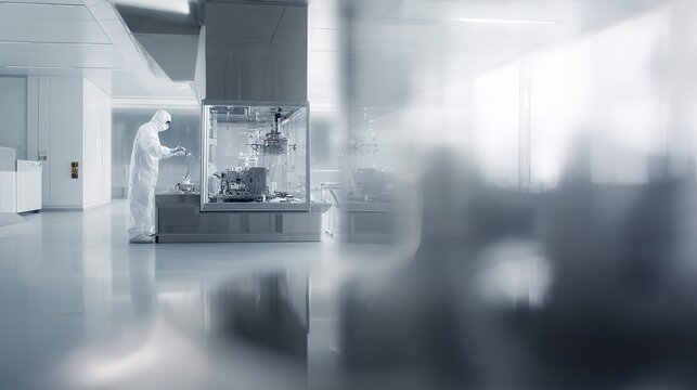 Scientist in protective gear working in a modern laboratory setting