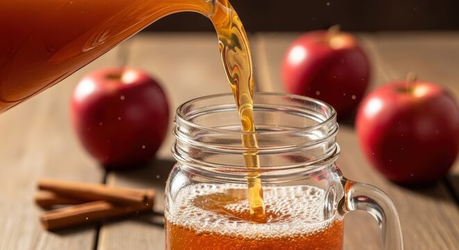 Fresh apple cider being poured into a glass mason jar, with whole red apples and cinnamon sticks on a rustic wooden table. - Powered by Adobe
