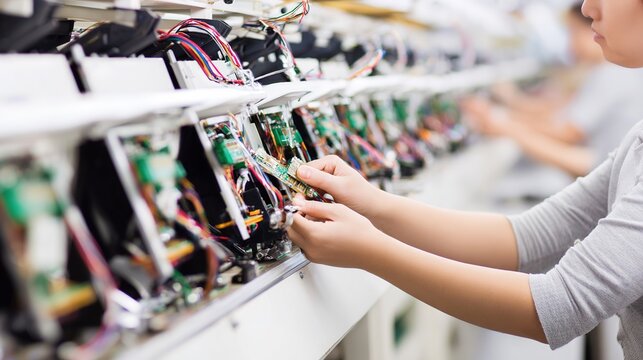 Asian female technician working on electronic circuit boards in laboratory
