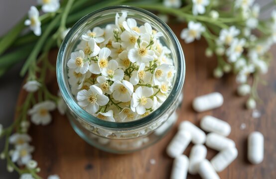 Fresh Valeriana officinalis white flowers beautifully fill clear glass jar. Valerian capsules scatter on brown rustic wood table. Offers natural medicine choice for better sleep, less anxiety, stress