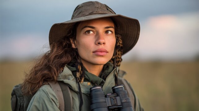 Woman wearing hat, backpack, binoculars, exploring nature, outdoors, adventure.