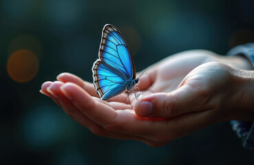 Bright blue morpho butterfly rests on open palms. Water drop hangs from insect leg. Conceptual shot about insect protection and ecology balance. Harmony of nature shown in art macro photo. Grace