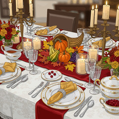 Elegant Thanksgiving dinner table setting with a cornucopia centerpiece, candles, and autumn decorations illustration