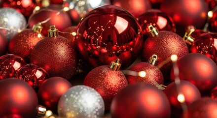 A festive arrangement showcasing a collection of vibrant red and silver Christmas baubles that
