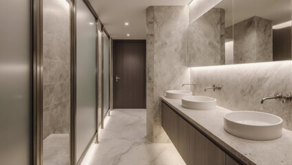Modern Luxury Bathroom with Marble and Frosted Glass Stalls.