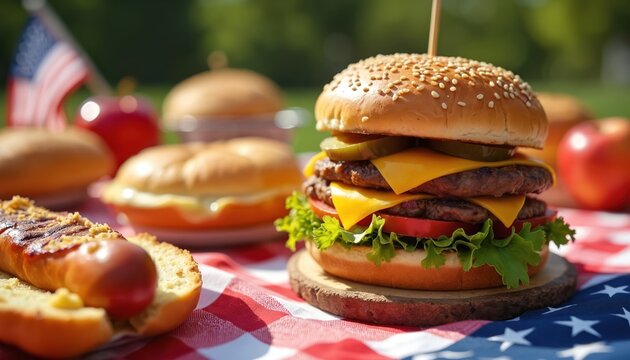 Festive American picnic table with delicious food for summer party. Double cheeseburger, hot dog with toppings sit on red white blue blanket. Flag decorates holiday. People enjoy classic BBQ meal