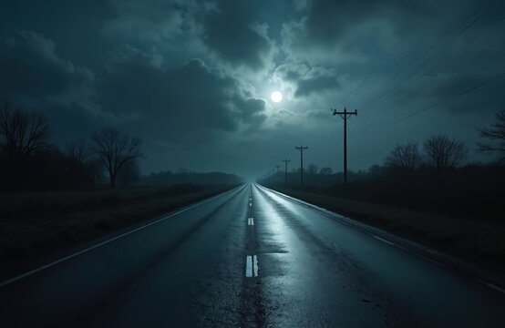 Empty asphalt road stretches at night. Moon illuminates highway with dramatic cloudy sky and dark horizon. Travel theme illustration with electric lines and bare trees on background. Nobody around. - Powered by Adobe