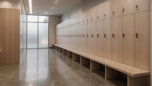 Modern Locker Room with Wooden Lockers and Bench Seating.
