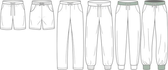 Men’s casual pants and shorts fashion sketch, front view garment template, CAD drawing, flat vector, clothing design styles
