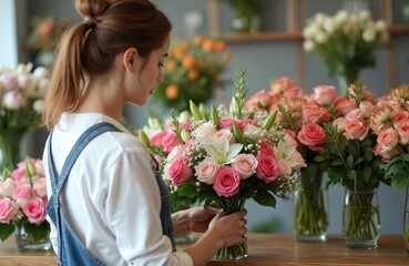 Young woman florist makes bouquet with roses in shop. Female entrepreneur creates flower arrangement. Floral designer works with fresh blossoms. Floristry studio offers romantic bouquets for