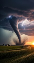 A furious twister descends upon tranquil farmlands at sunset displaying natures fury