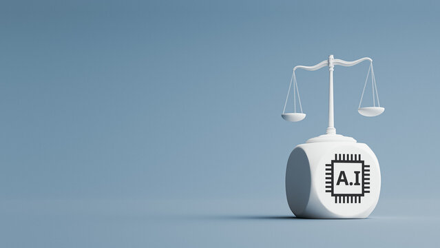 Scales Of Justice On AI Cube For Law Balance Copy Space. 3d rendering