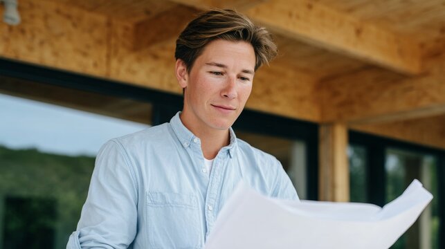 Man reading plans in office - Powered by Adobe
