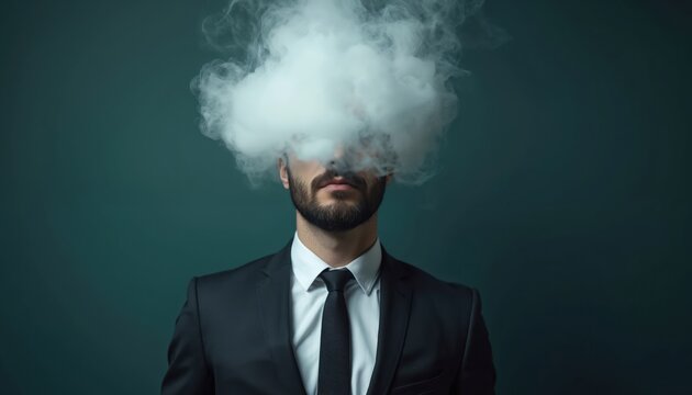 Businessman with head in white smoke cloud thoughts. Man in suit face hidden, representing creative ideas, confusion, stress mental state issues. Conceptual portrait of creative thinking process