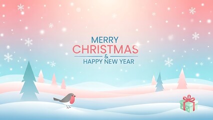 Whimsical winter scene with robin and gift for merry christmas and happy new year