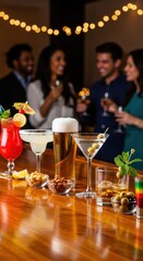 A gathering of friends enjoying an evening with diverse drinks and vibrant conversations