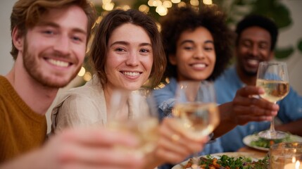 Group of people celebrating at dinner table.