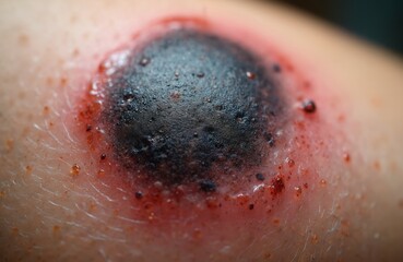 Fototapeta premium Extreme close up macro shot of a malignant melanoma mole on human skin. This cancerous growth shows dark pigmentation and inflamed red edges. Early skin cancer detection is vital.