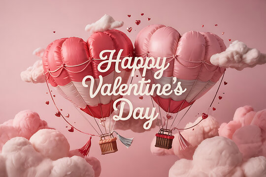 Illustration of heart shaped air balloons floating in pastel skies for love events