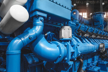 Obraz premium Industrial large gas diesel electric generator bottom up view, industrial background.