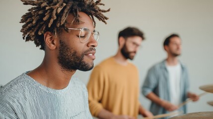 Man playing drums in band.