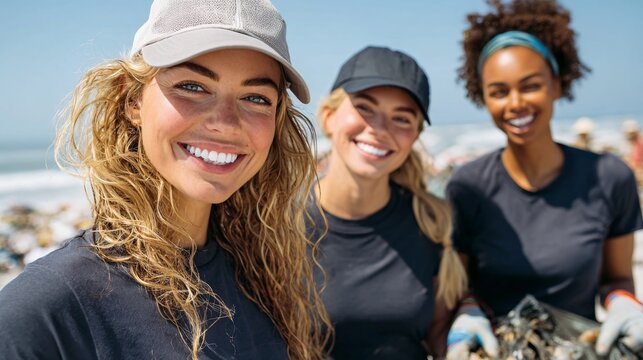 Three people smiling at camera, dining outdoors by beach, enjoying food and drinks.