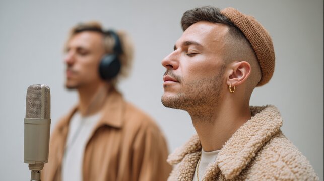 Man singing into microphone in studio.