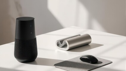 Modern minimalist desk setup with black speaker mouse and metal object.