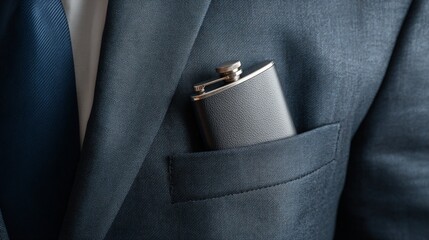 A stylish flask rests in the pocket of a tailored suit, exemplifying sophistication and elegance for formal events or business occasions, capturing a touch of modern luxury.