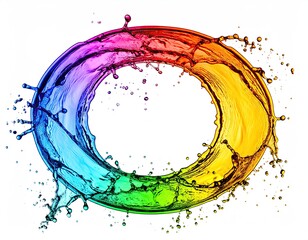 Colorful liquid swirls in a circular frame.  Vibrant splashes of rainbow hues form a ring, isolated on white