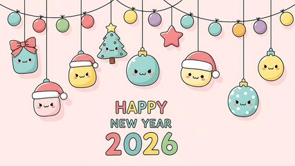 Cute kawaii characters and christmas lights celebrate happy new year 2026