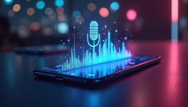 Smartphone using AI voice recognition technology on dark table. Mobile phone screen projects virtual hologram of microphone icon, audio soundwave. Using smart assistant app for speech commands,
