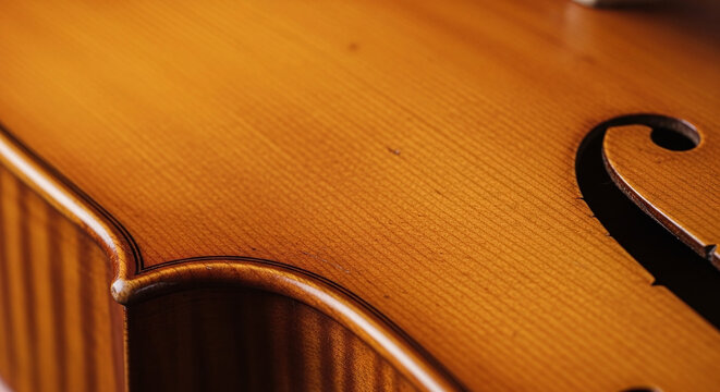 Closeup of wooden violin body.