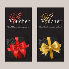 Gift certificates, gift box, gold and red ribbon. A discount voucher. A collection of banners on a beige background. Vector illustration