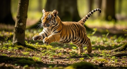 A juvenile tiger captured mid-leap in its natural habitat, full of youthful energy and exuberance,