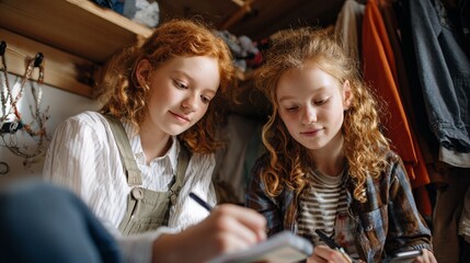 Two girls writing in a room.
