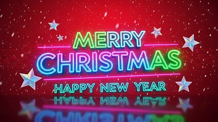 Merry christmas and happy new year neon sign with falling snow and stars