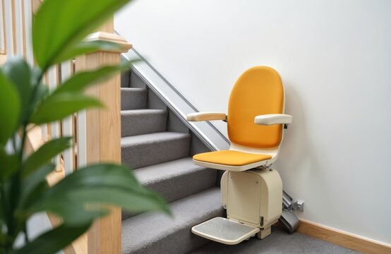 Stair lift installed on home staircase. Modern mobility aid for elderly or disabled. Yellow offers comfort and convenience. Tech solution for increased home accessibility and independence.