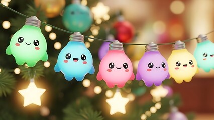 Cute kawaii cartoon light bulbs with happy faces on a christmas tree