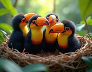 Obraz premium Several baby toucans sit in nest. Young toucans with orange beaks and colorful feathers. These birds stay close together. Cute animal photo shows wildlife nature in tropical rainforest.