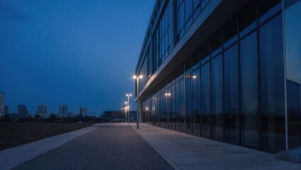 Modern Office Building Exterior at Dusk with Streetlights and Cityscape.