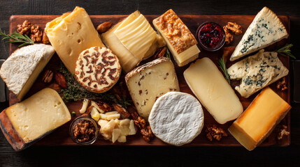 Assorted cheese varieties on a wooden board with nuts and herbs