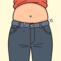 A cartoon illustration of an overweight person with a large belly hanging over tight jeans, a concept for weight gain, diet, and health