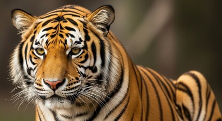 A magnificent Bengal tiger portrait, showcasing its striking stripes and piercing yellow eyes,