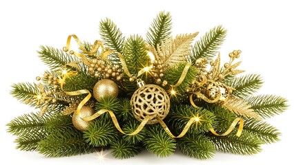 Elegant christmas centerpiece with gold ornaments and fir branches