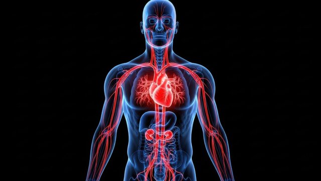 Illustration of 3d rendering of the human circulatory system with a glowing red heart at the center against a black background illustrating blood flow and anatomy