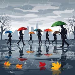 An urban illustration of people with colorful umbrellas walking on a rainy autumn day, with reflections in the puddles