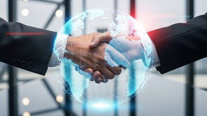 Illustration of business partnership handshake overlaid with a glowing digital globe symbolizing global agreement, international deal, and worldwide connection in a modern office setting