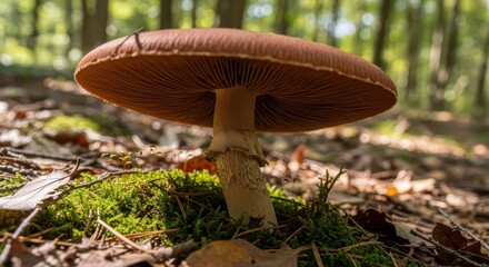 A mesmerizing view of a wild mushroom growing in a woodland habitat captured at low angle